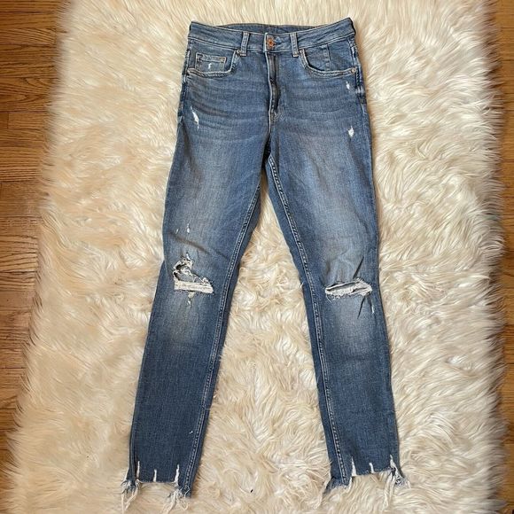 H&M Skinny Ankle Denim Jeans High Waist Raw Hem Distressed Light - Picture 1 of 14